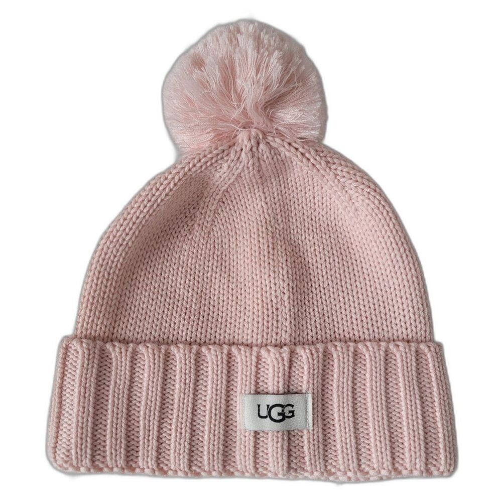UGG Kids Light Pink Knit Beanie with Pom-Pom